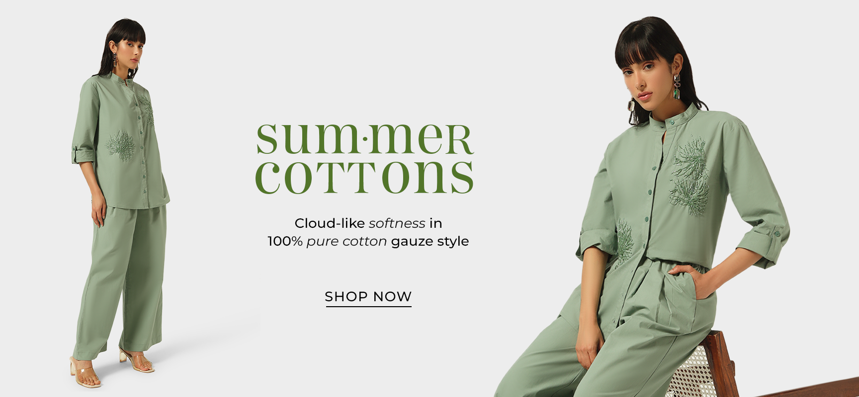 Two models wearing green cotton outfits with promotional text on a white background