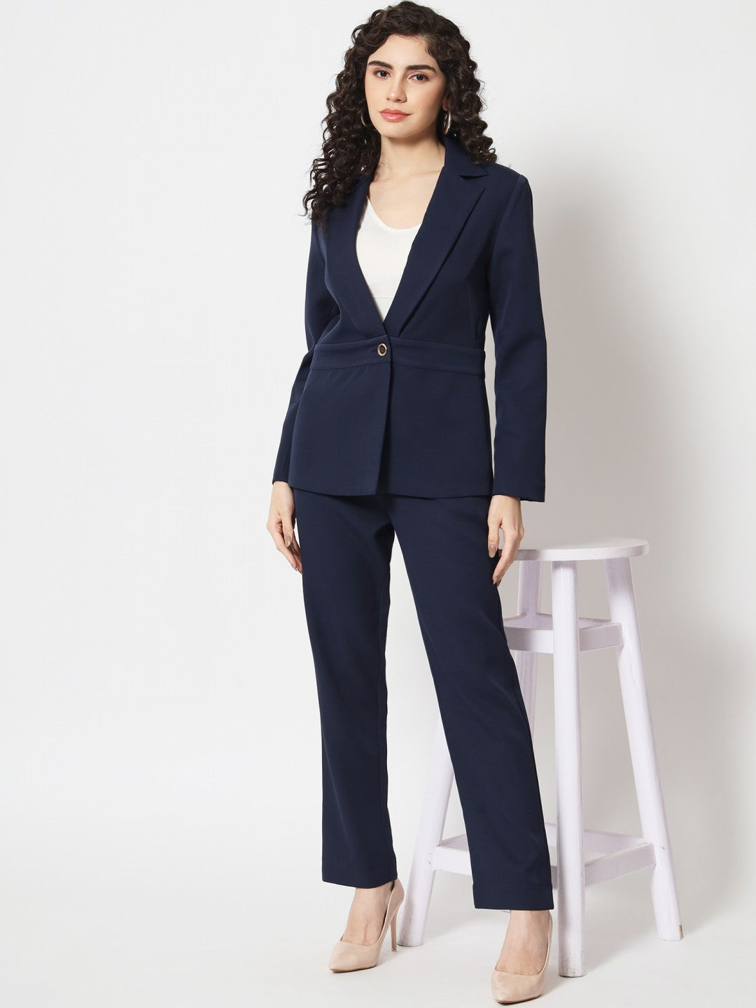 navy blue dress suit women's Navy Blue wool blend Woman Suit with peak lapels
