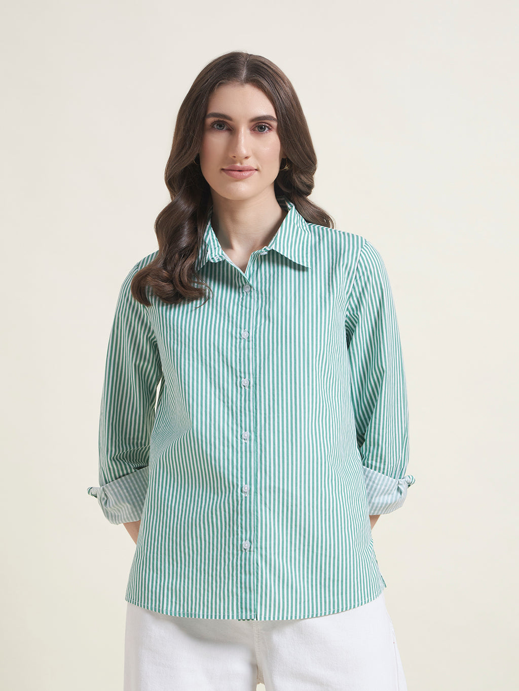 All-Day Comfort Green Striped Shirt