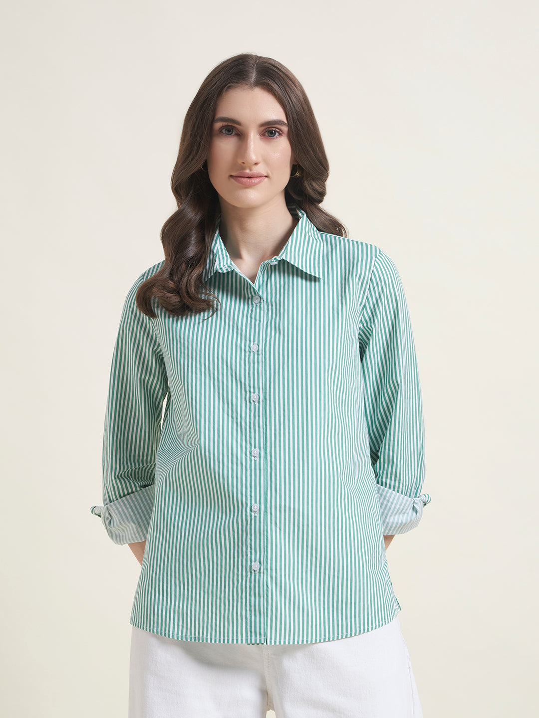 All-Day Comfort Green Striped Shirt