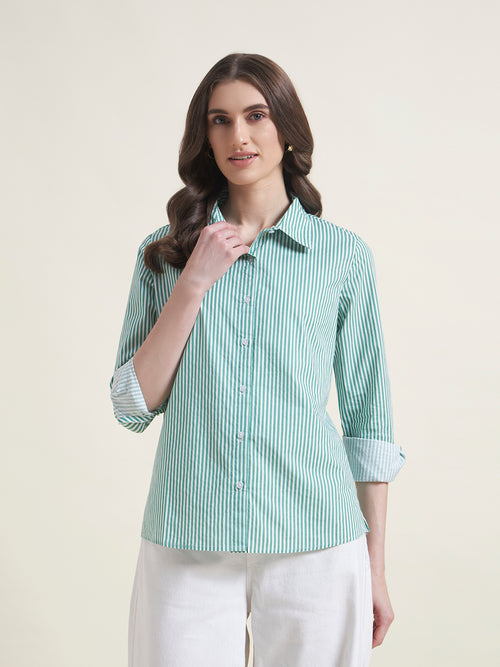 All-Day Comfort Green Striped Shirt