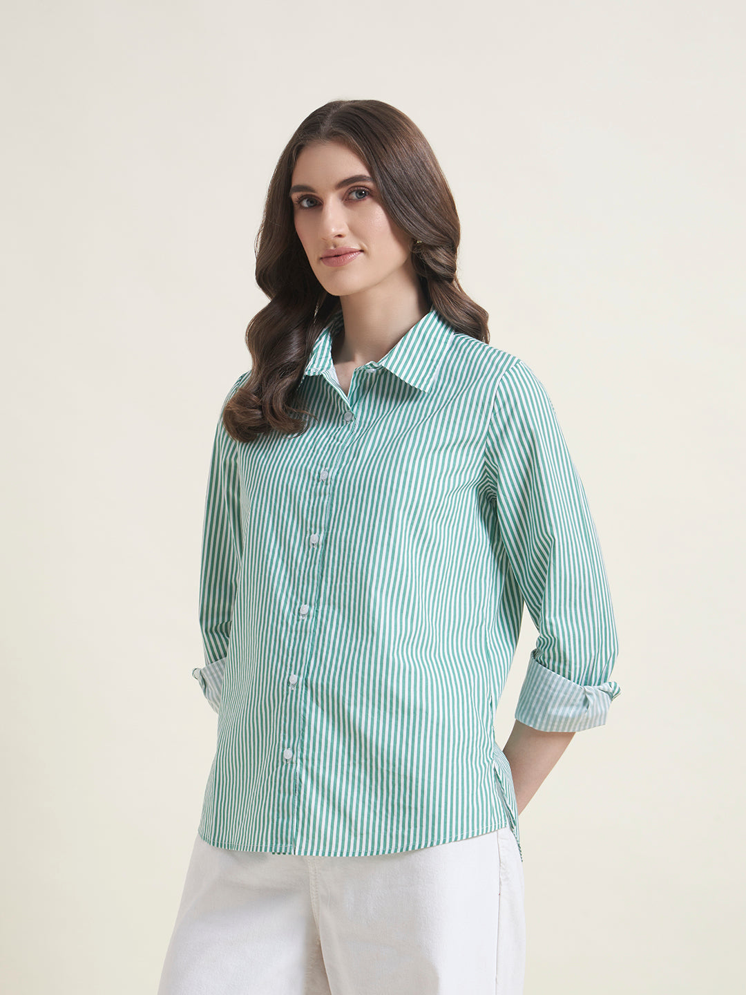 All-Day Comfort Green Striped Shirt