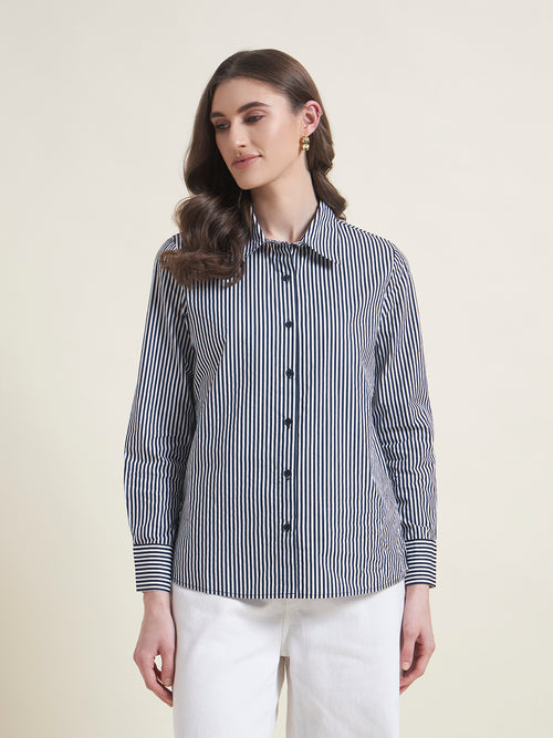 All-Day Comfort Navy Blue Striped Western Shirt