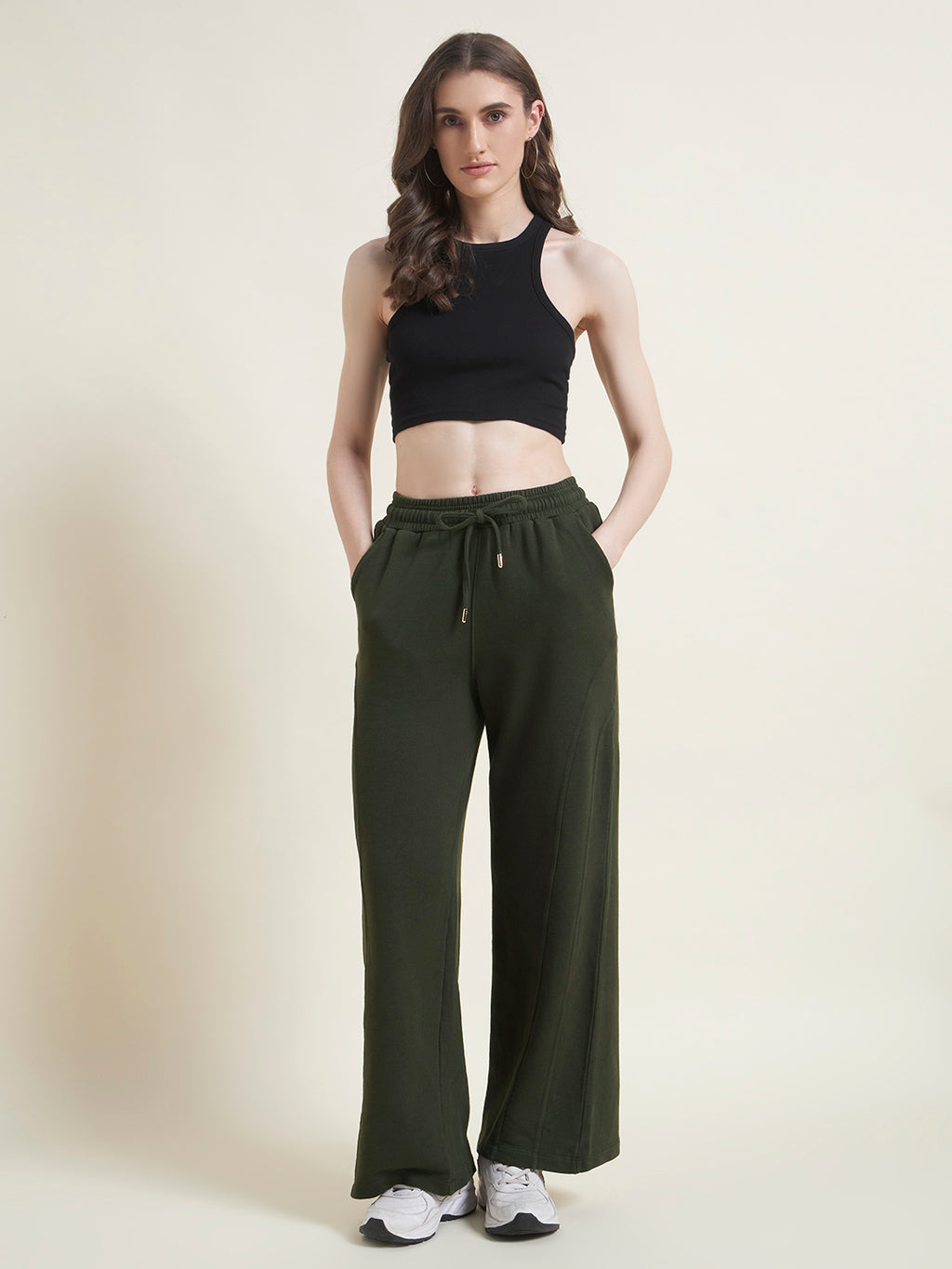 Olive Flared Pants Straight Fit Trousers for Women