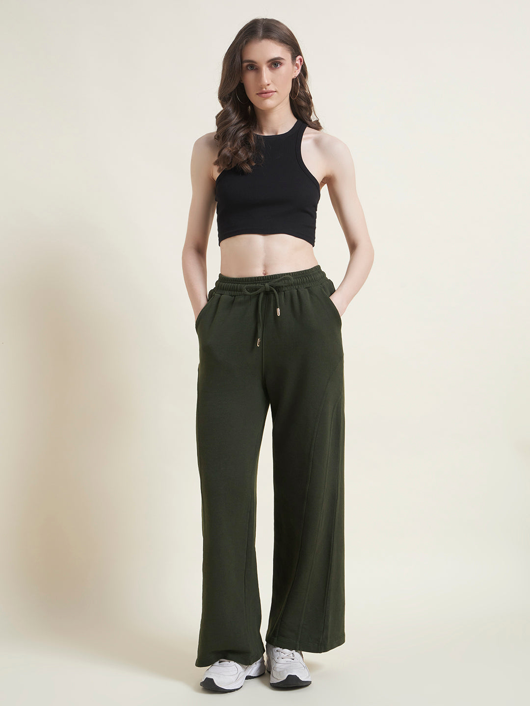 Olive Flared Pants Straight Fit Trousers for Women