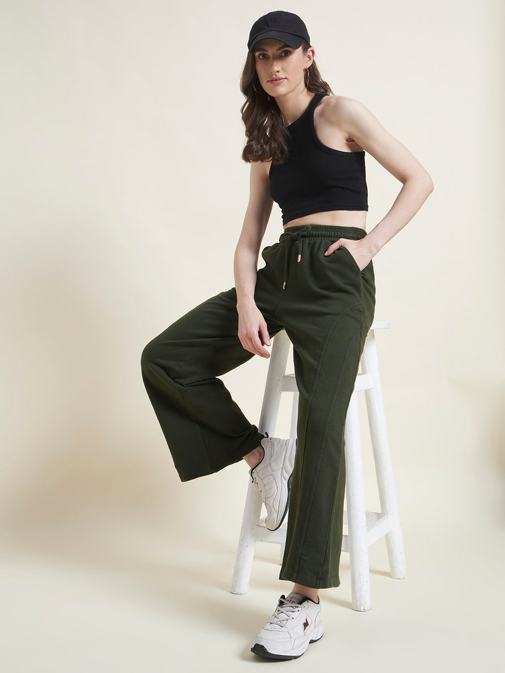 Olive Flared Pants Straight Fit Trousers for Women