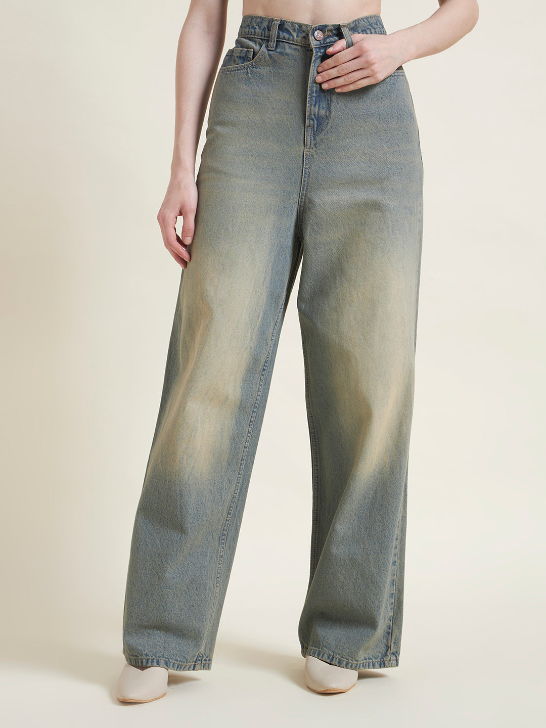 Tint Blue Flared Baggy Jeans for Women