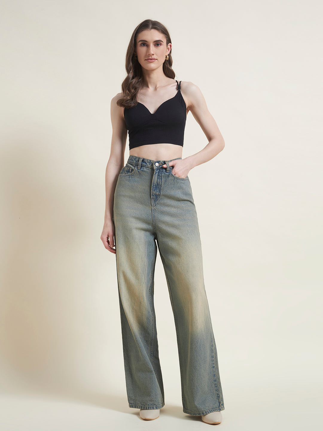 Tint Blue Flared Baggy Jeans for Women