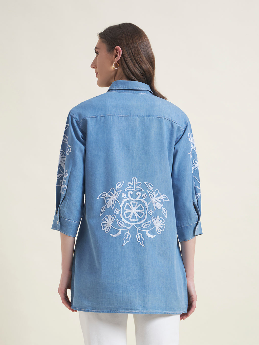 Blue Front Waist Tie-Up Regular Western Shirt