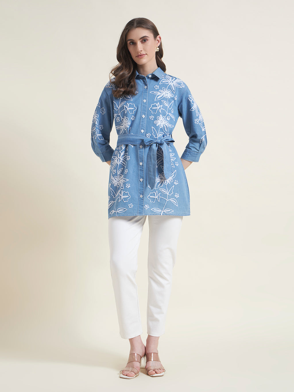 Blue Front Waist Tie-Up Regular Western Shirt