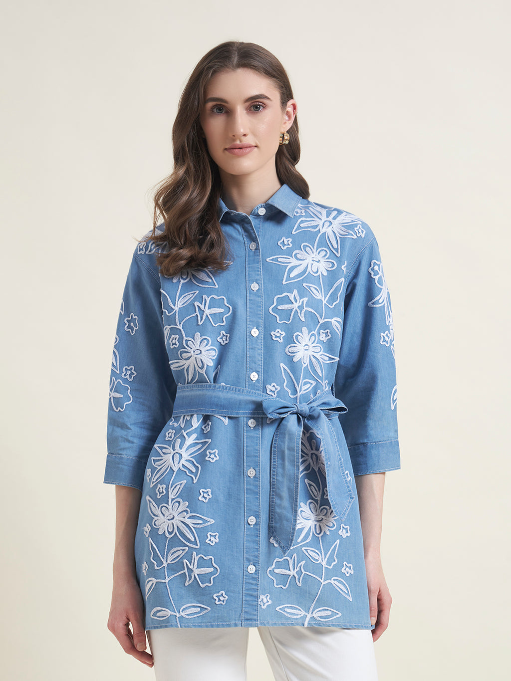 Blue Front Waist Tie-Up Regular Western Shirt