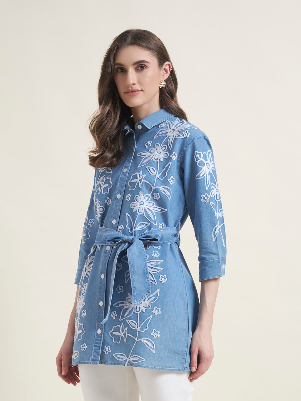Blue Front Waist Tie-Up Regular Western Shirt