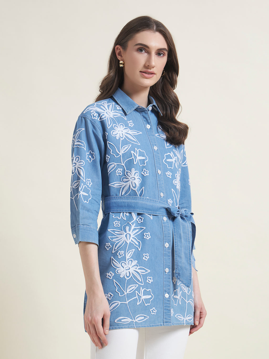 Blue Front Waist Tie-Up Regular Western Shirt