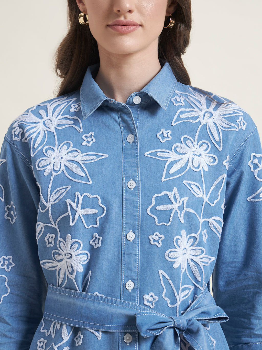 Blue Front Waist Tie-Up Regular Western Shirt