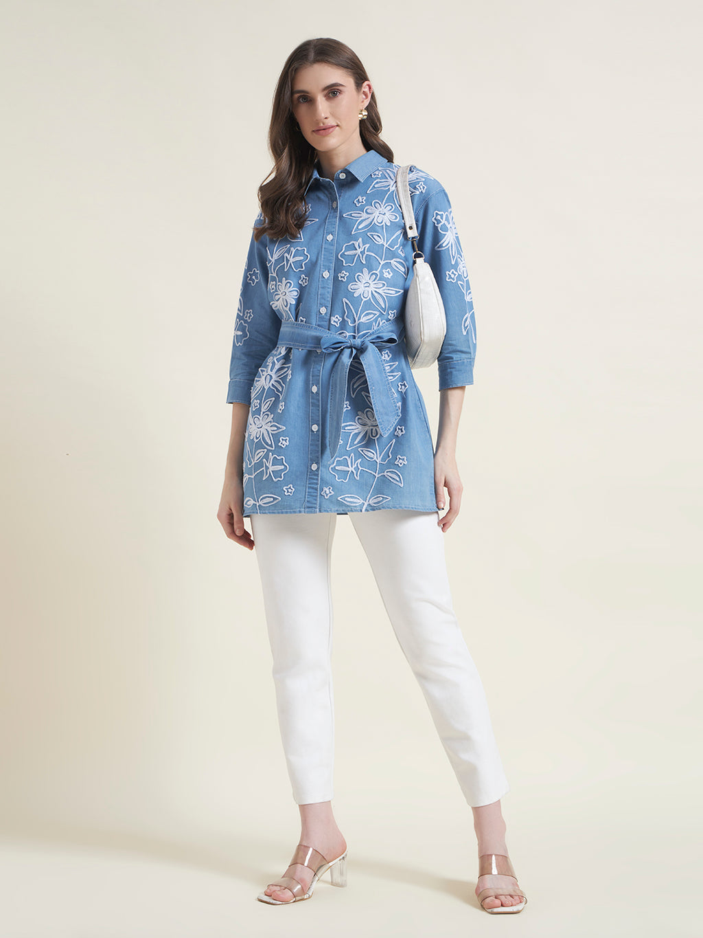 Blue Front Waist Tie-Up Regular Western Shirt