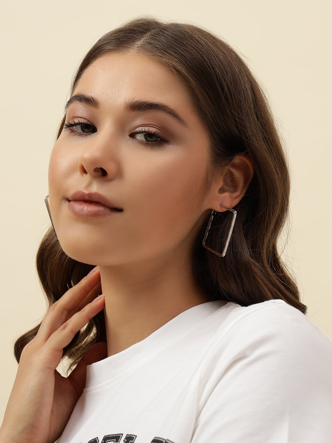 Beatnik Chunky Squre Layer Hoop Gold-Tone Statement Earrings for Women (Silver)