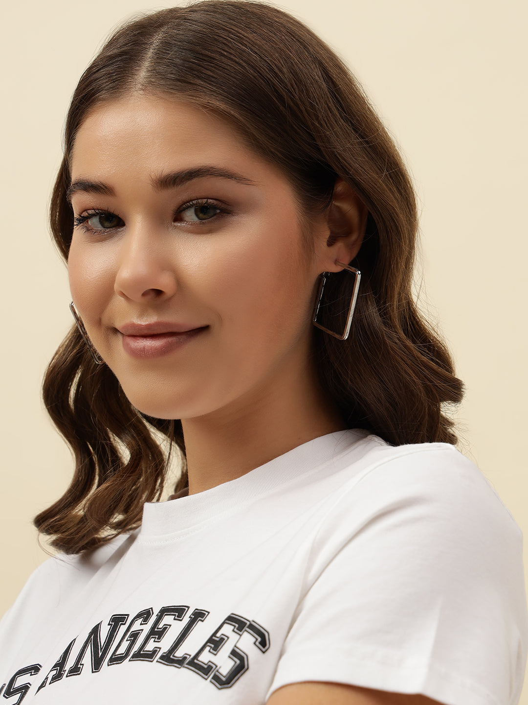 Beatnik Chunky Squre Layer Hoop Gold-Tone Statement Earrings for Women (Silver)