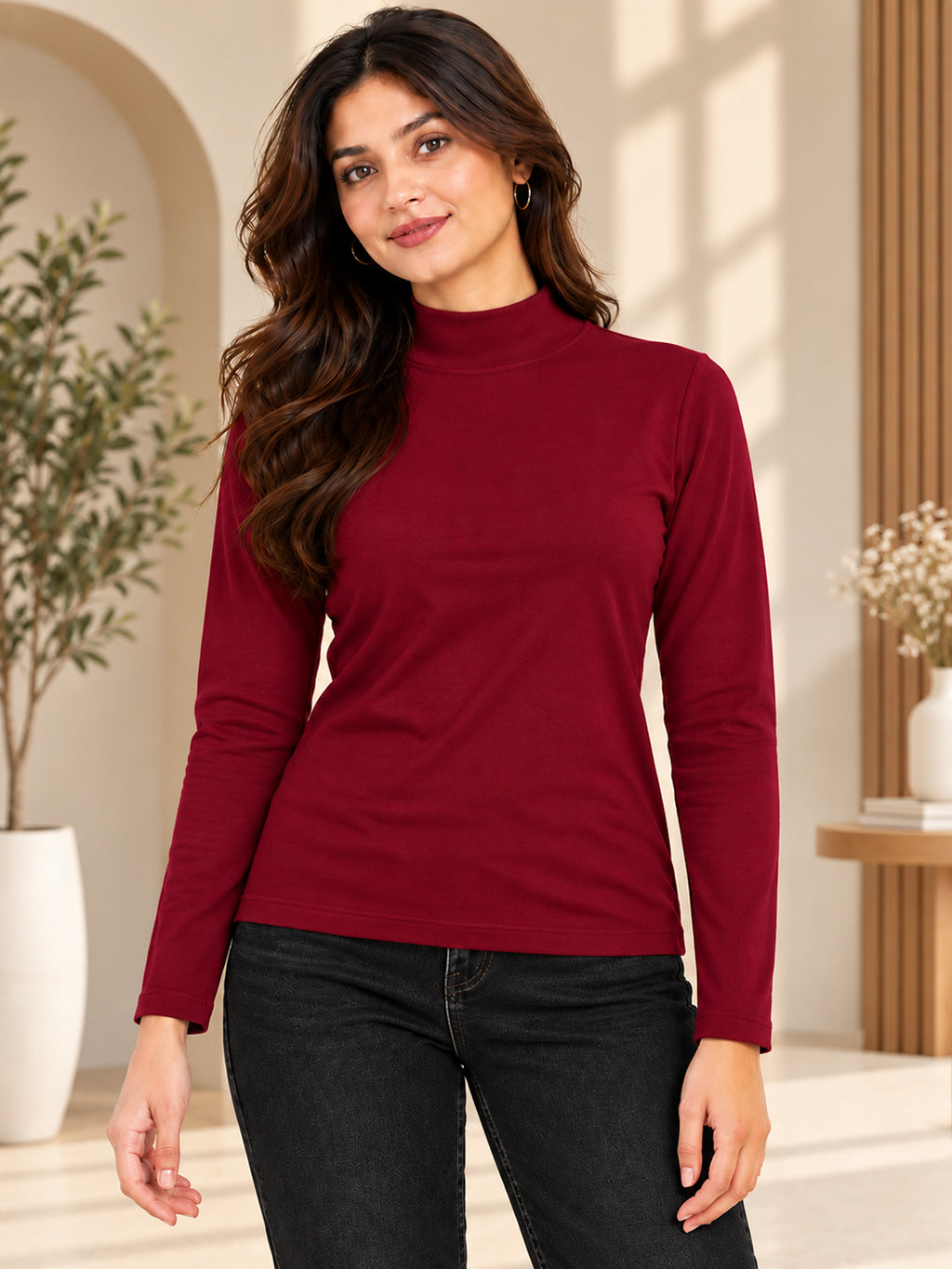 Women’s Maroon Full Sleeve High-Neck Sweater – Viscose Blend