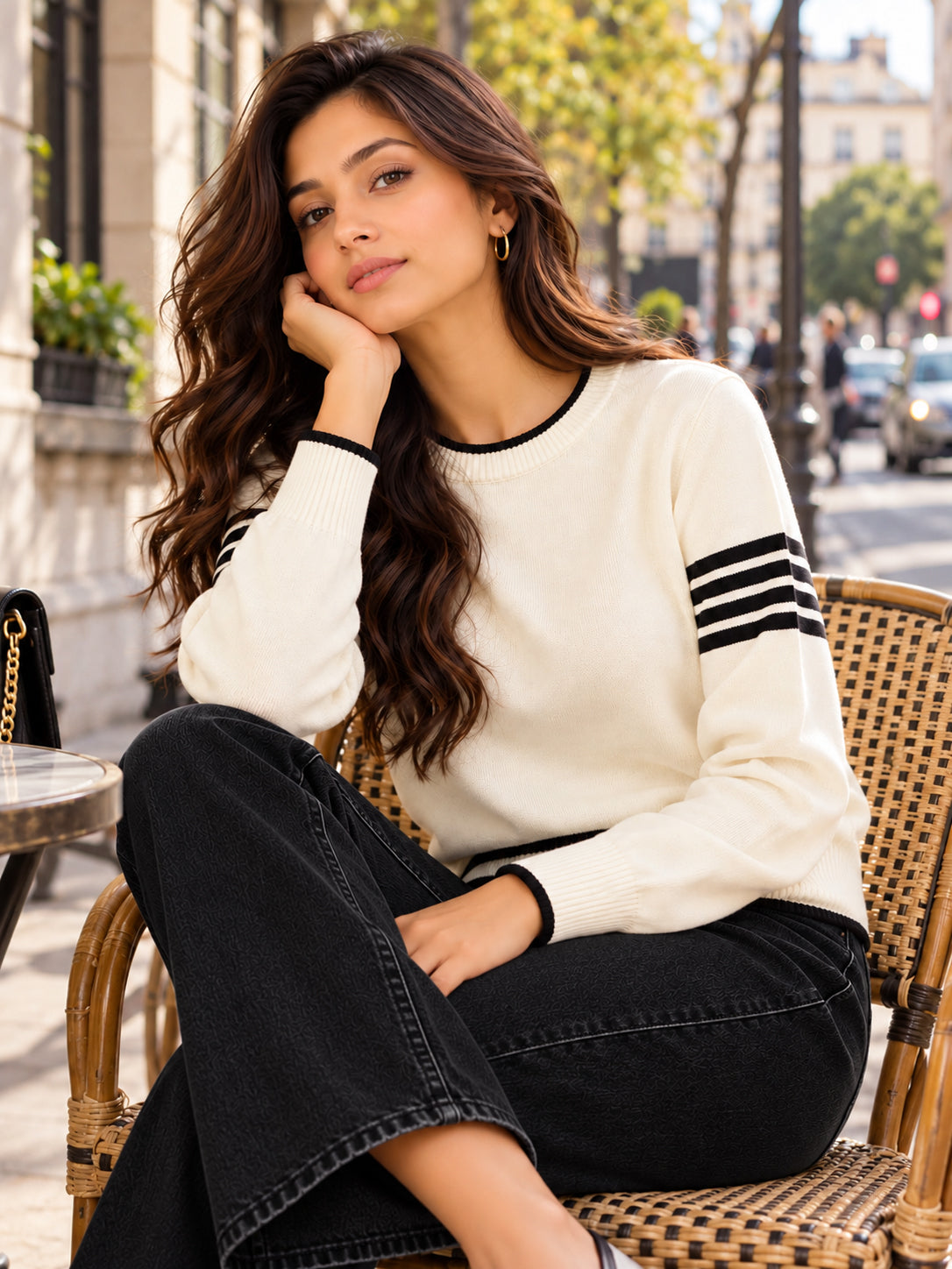 Women White Flat Knit Striped Full Sleeve Stretchable Sweater