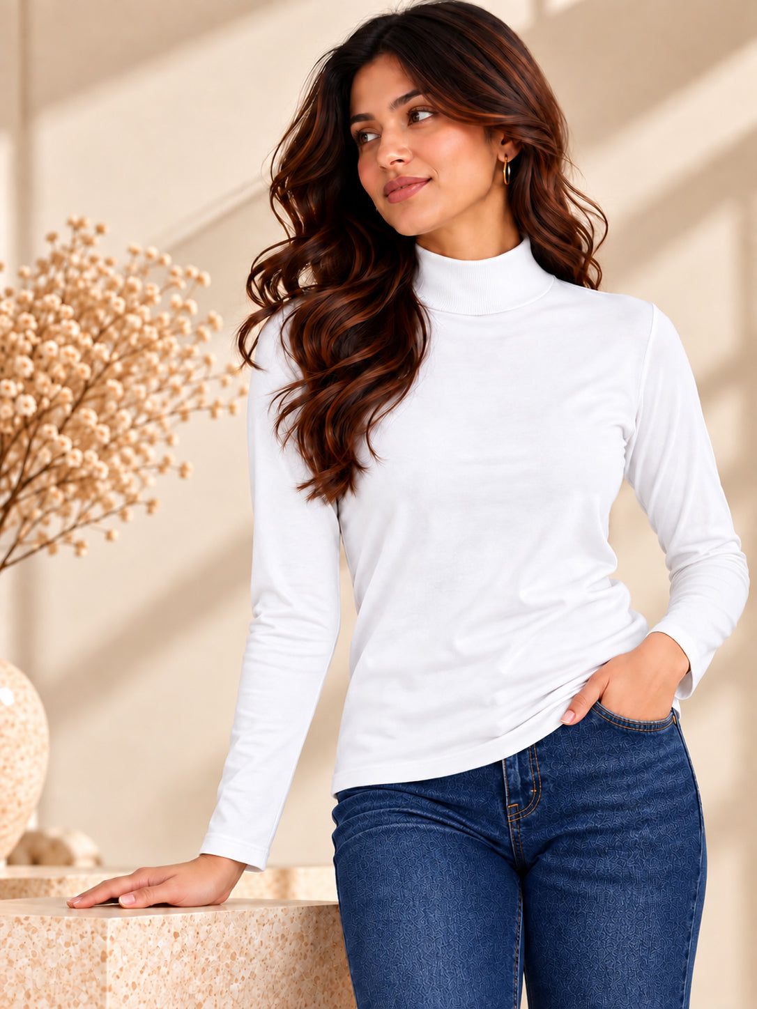 Women’s White Full Sleeve High-Neck Sweater – Viscose Blend