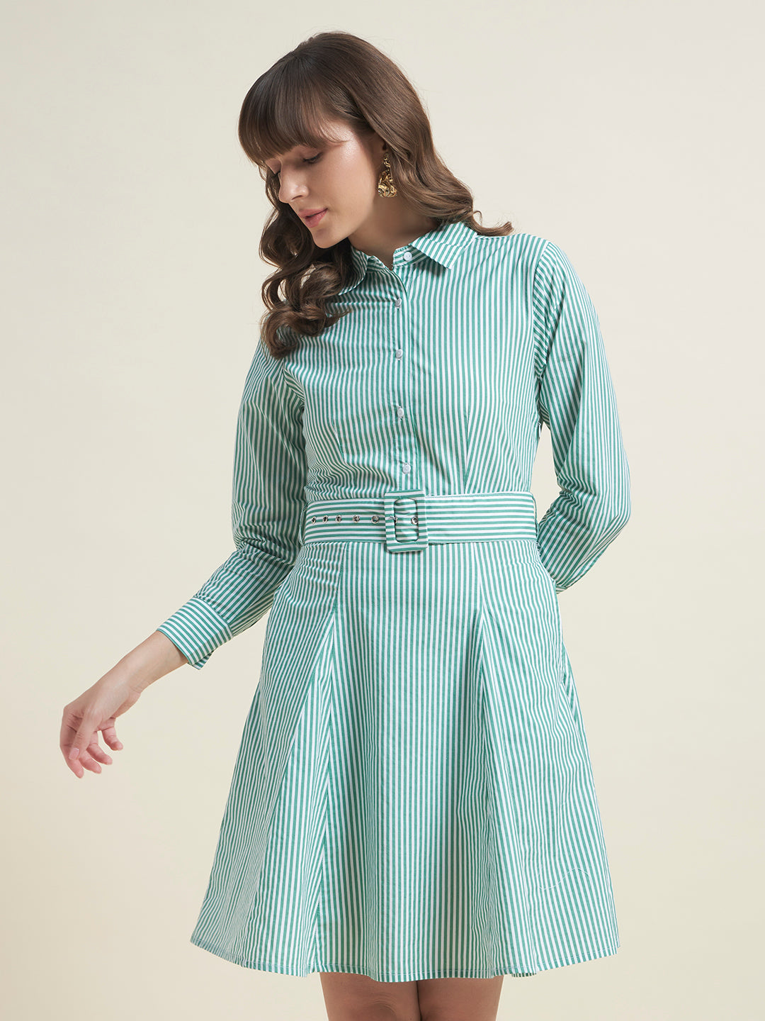 Beatnik Women Striped Cotton Belted Dress