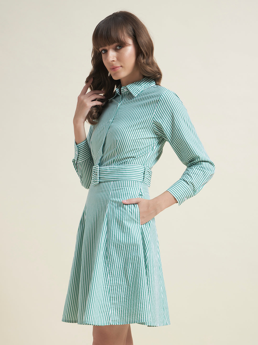 Beatnik Women Striped Cotton Belted Dress