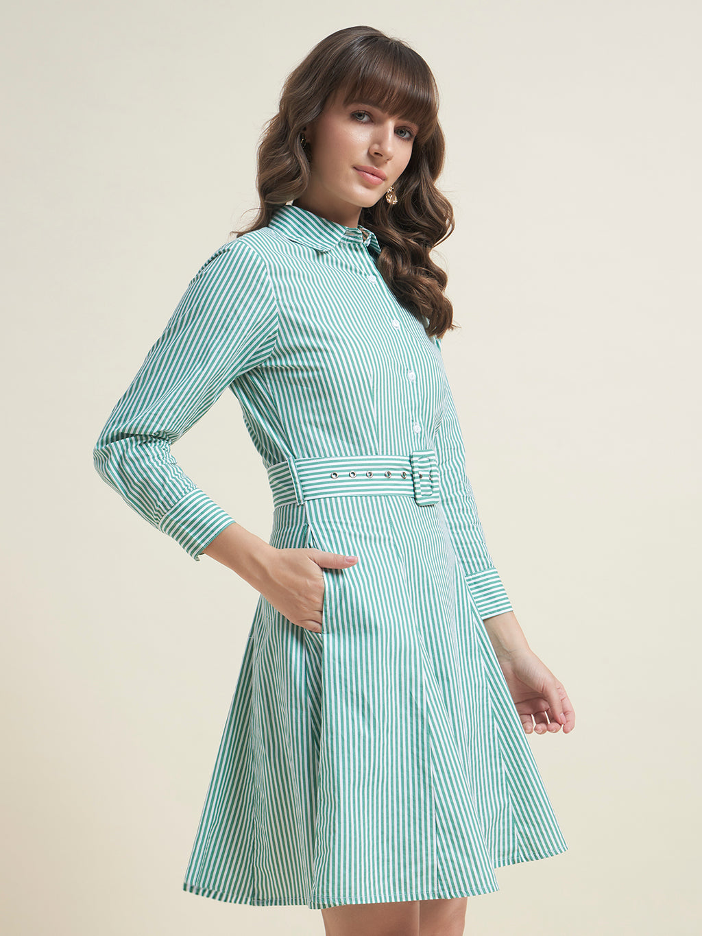 Beatnik Women Striped Cotton Belted Dress