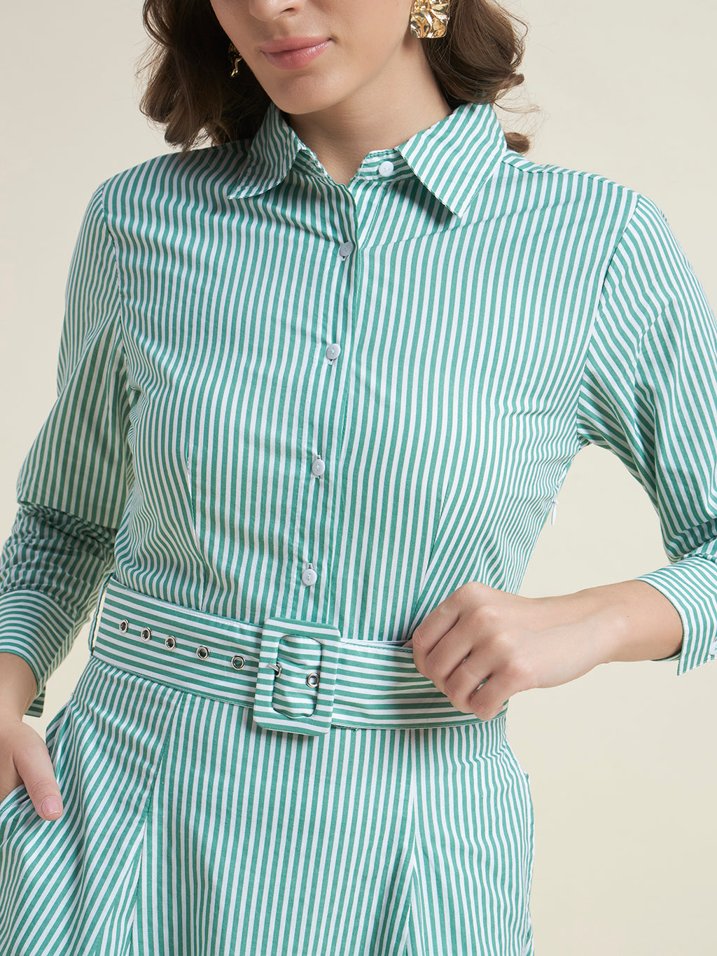 Beatnik Women Striped Cotton Belted Dress