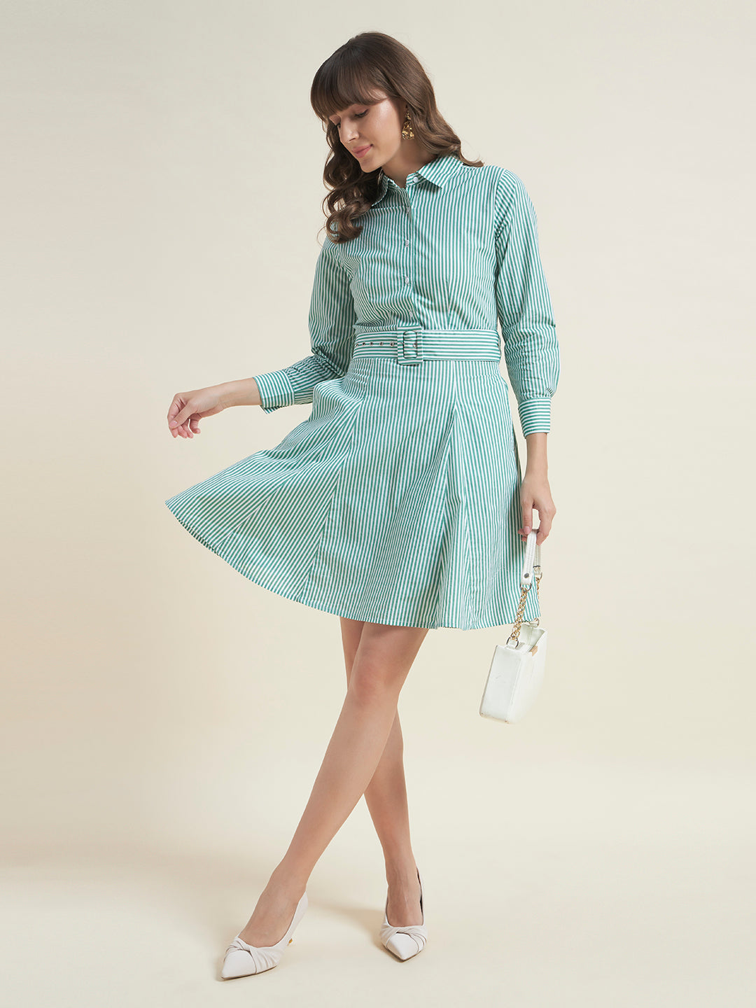 Beatnik Women Striped Cotton Belted Dress