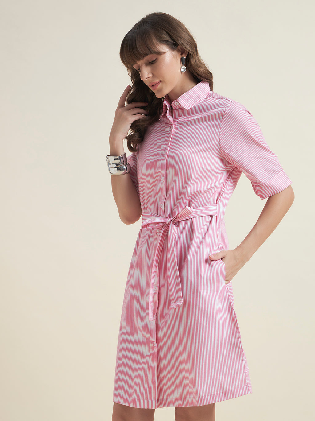 Beatnik Pink Cotton Shirt Dress for Women