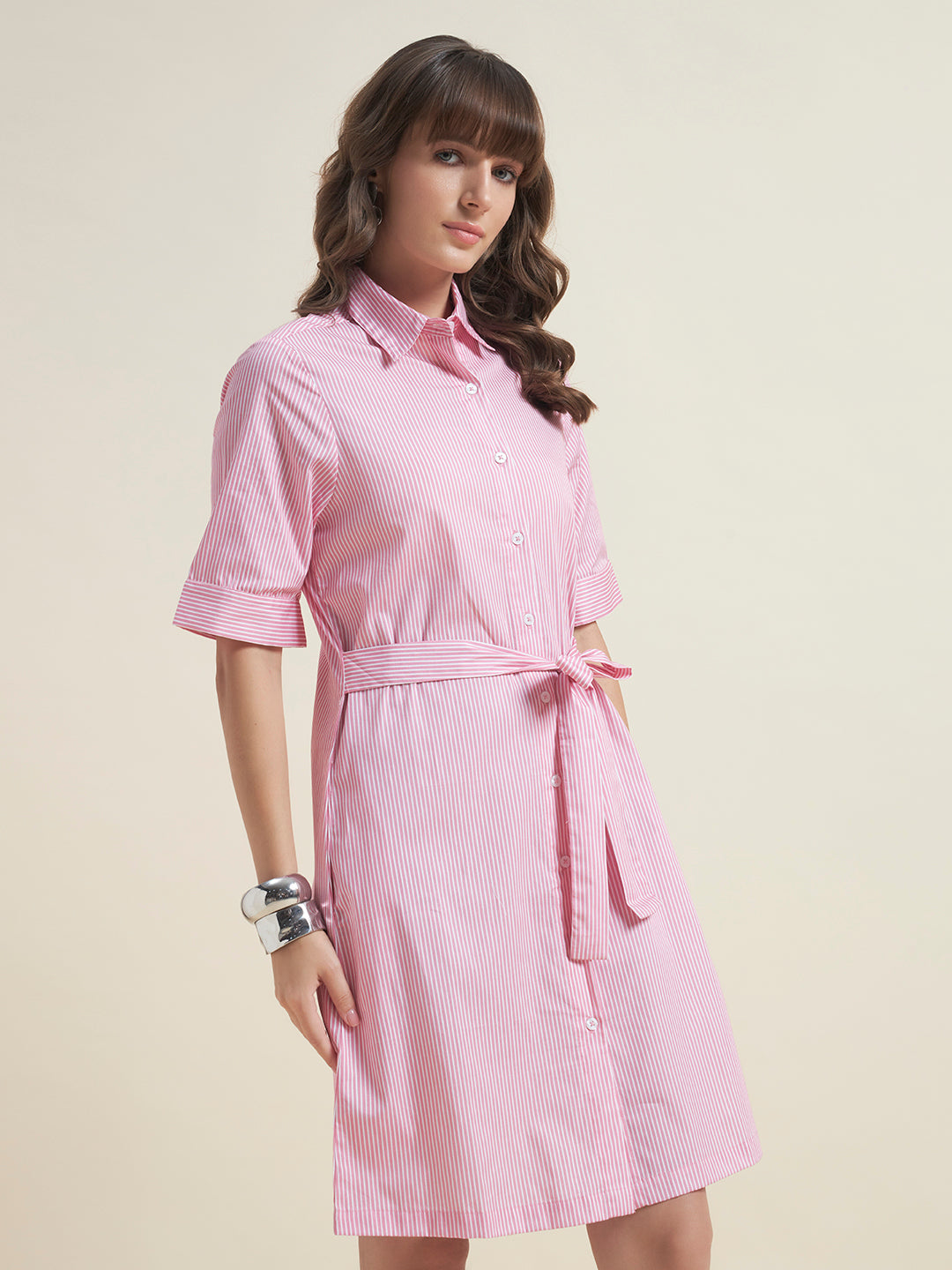 Beatnik Pink Cotton Shirt Dress for Women