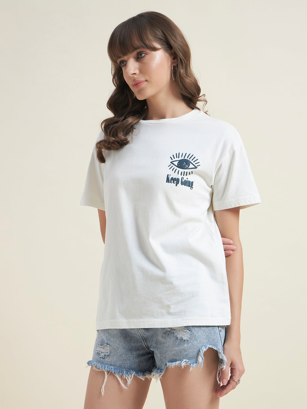 Beatnik Women Off White Oversized Jersey Embossed Print Half Sleeve T-Shirt