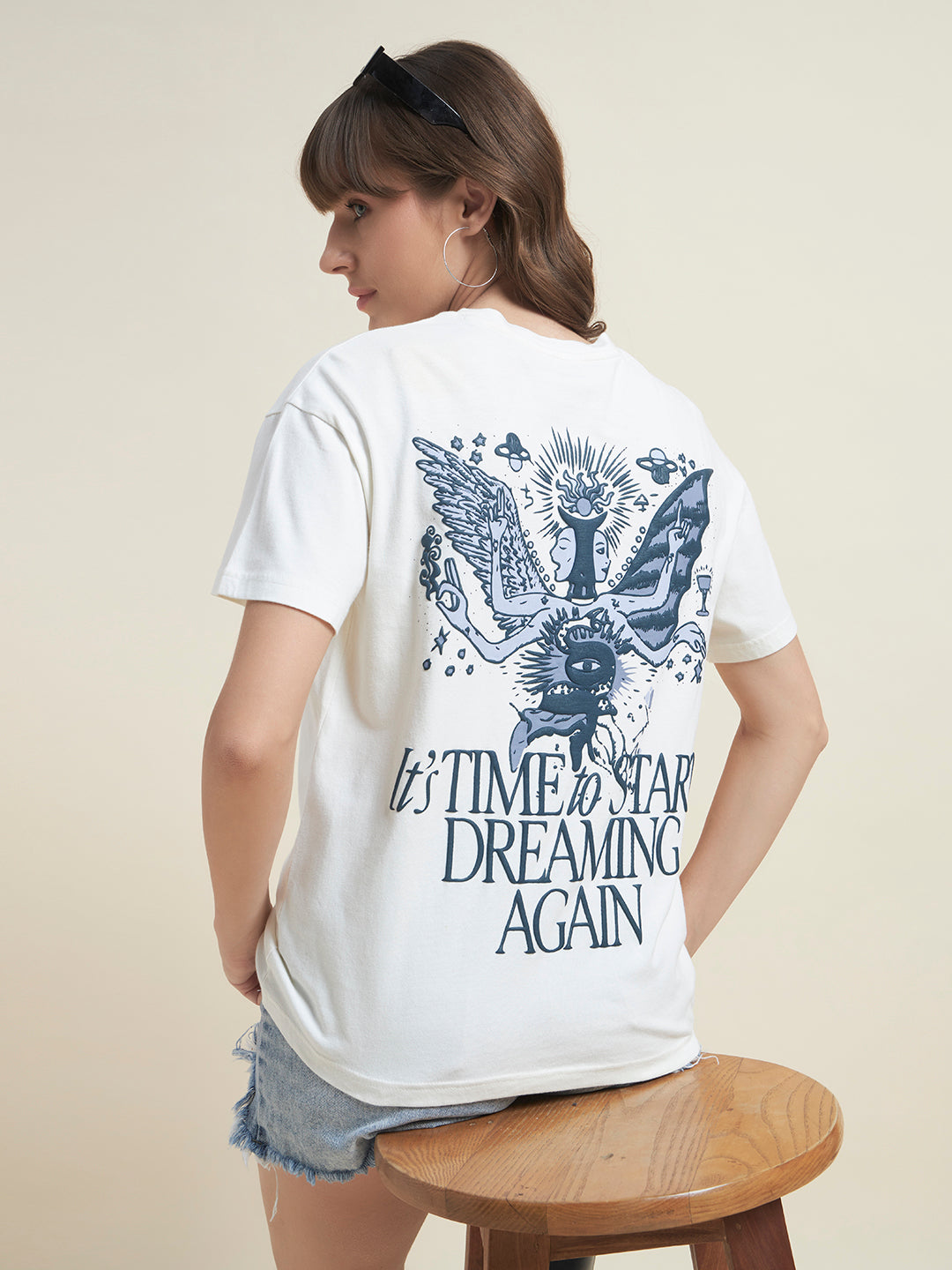 Beatnik Women Off White Oversized Jersey Embossed Print Half Sleeve T-Shirt