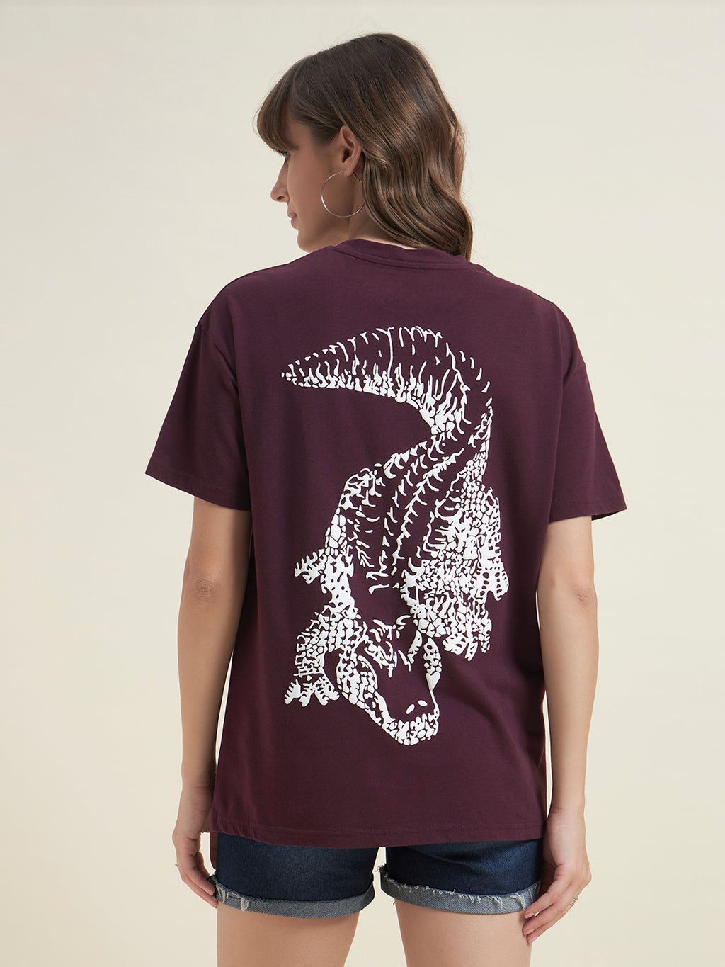 Beatnik Oversized Printed Round Neck Casual Women Wine T-Shirt
