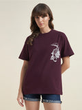 Beatnik Oversized Printed Round Neck Casual Women Wine T-Shirt