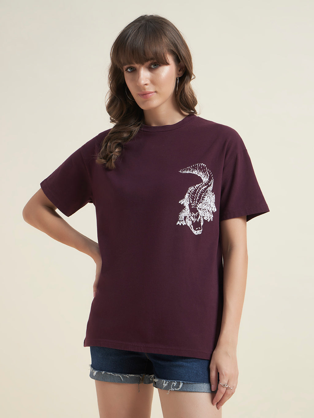Beatnik Oversized Printed Round Neck Casual Women Wine T-Shirt