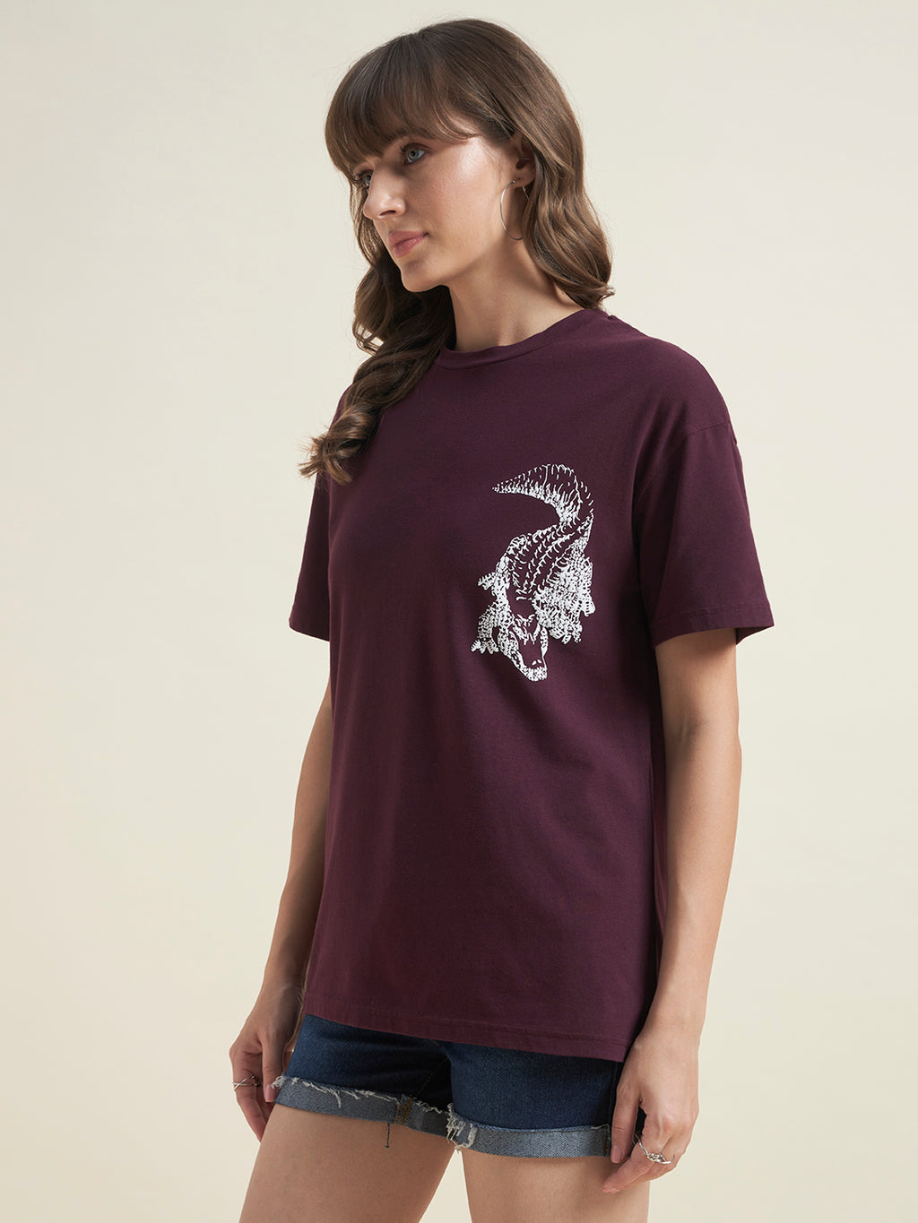 Beatnik Oversized Printed Round Neck Casual Women Wine T-Shirt
