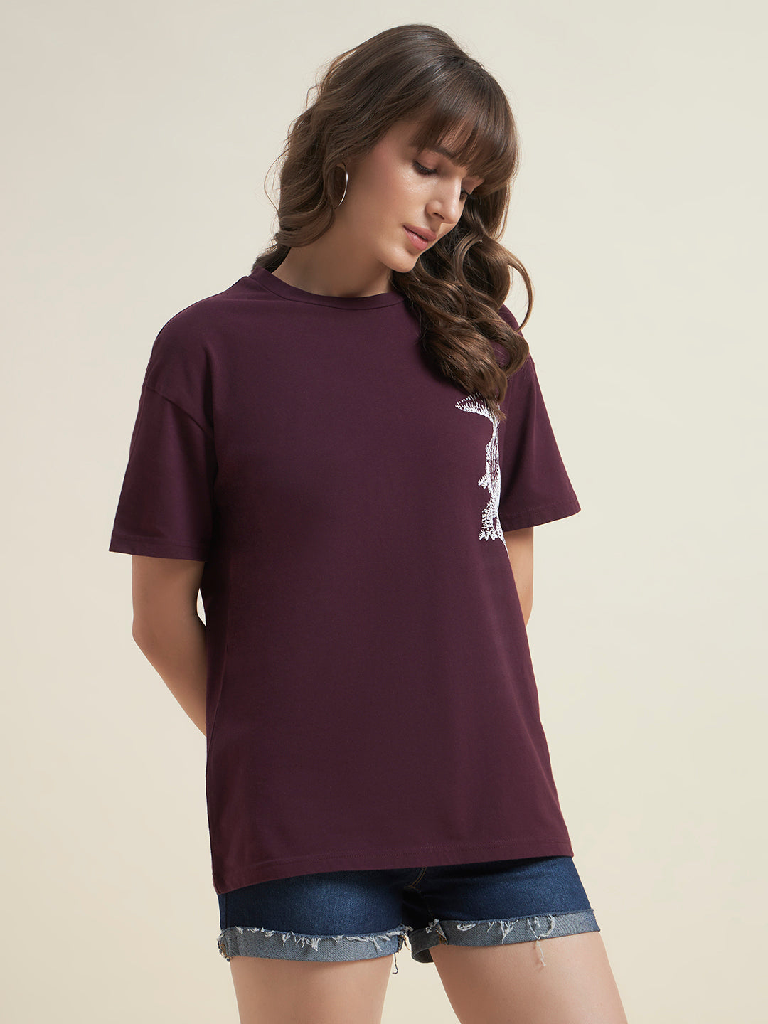 Beatnik Oversized Printed Round Neck Casual Women Wine T-Shirt