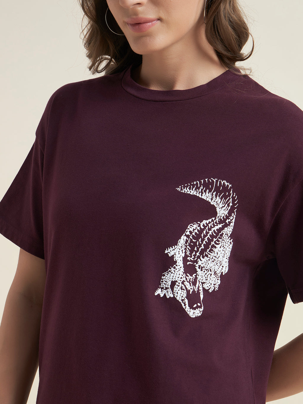 Beatnik Oversized Printed Round Neck Casual Women Wine T-Shirt