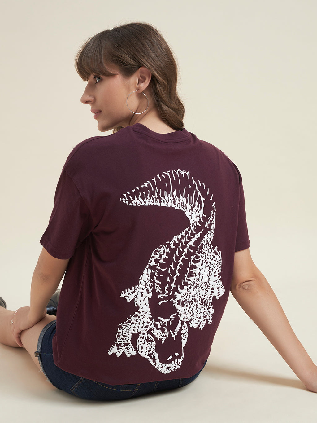 Beatnik Oversized Printed Round Neck Casual Women Wine T-Shirt