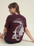 Beatnik Oversized Printed Round Neck Casual Women Wine T-Shirt