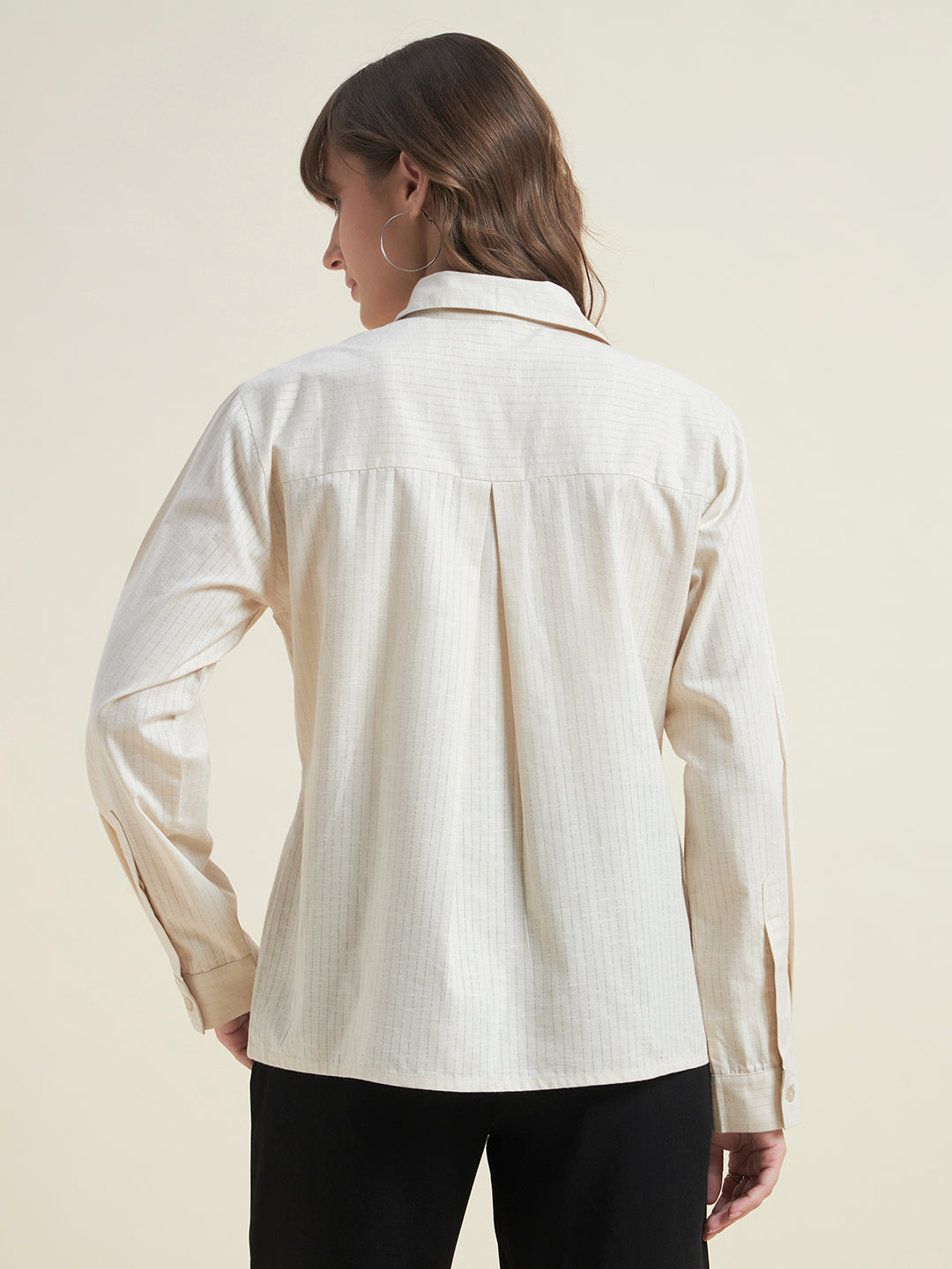 Beatnik Women Beige Oversized Dobby Striped Cuffed Sleeve Casual Shirt