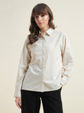 Beatnik Women Beige Oversized Dobby Striped Cuffed Sleeve Casual Shirt
