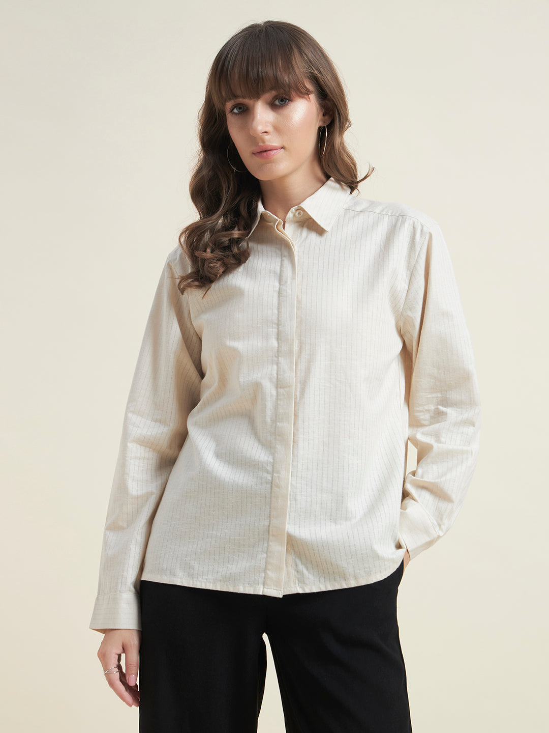 Beatnik Women Beige Oversized Dobby Striped Cuffed Sleeve Casual Shirt
