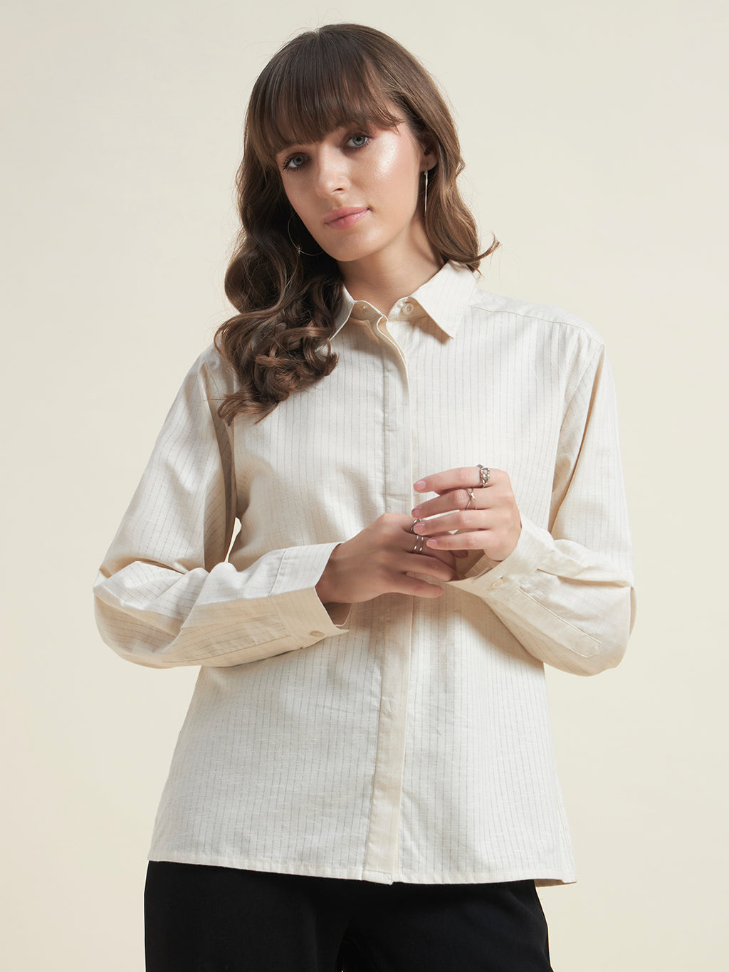 Beatnik Women Beige Oversized Dobby Striped Cuffed Sleeve Casual Shirt