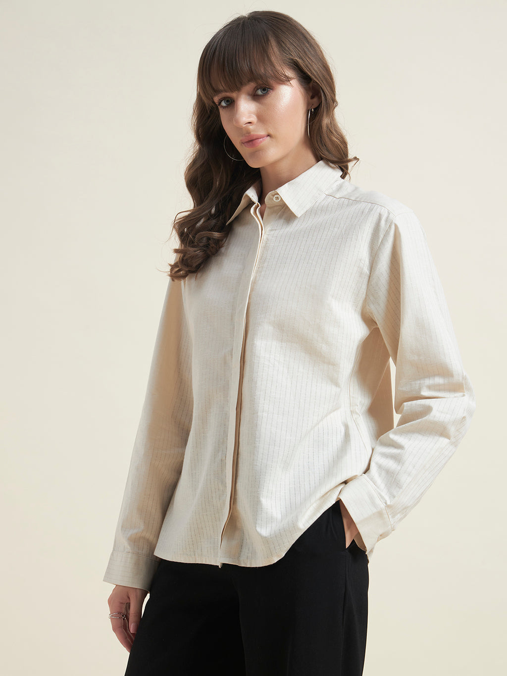Beatnik Women Beige Oversized Dobby Striped Cuffed Sleeve Casual Shirt