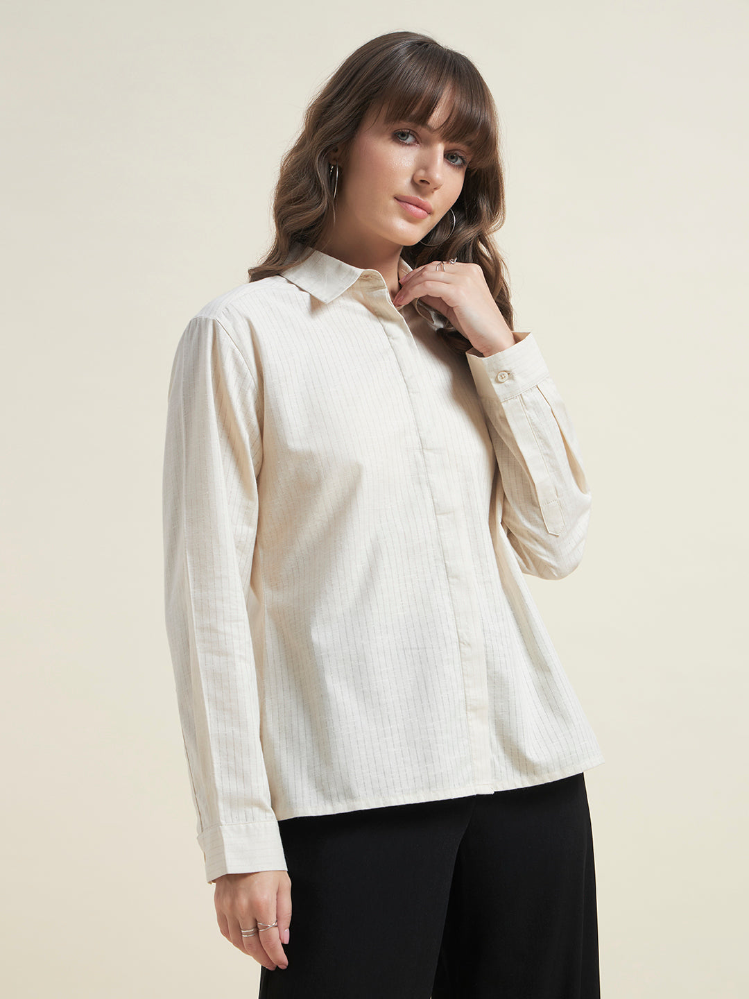 Beatnik Women Beige Oversized Dobby Striped Cuffed Sleeve Casual Shirt
