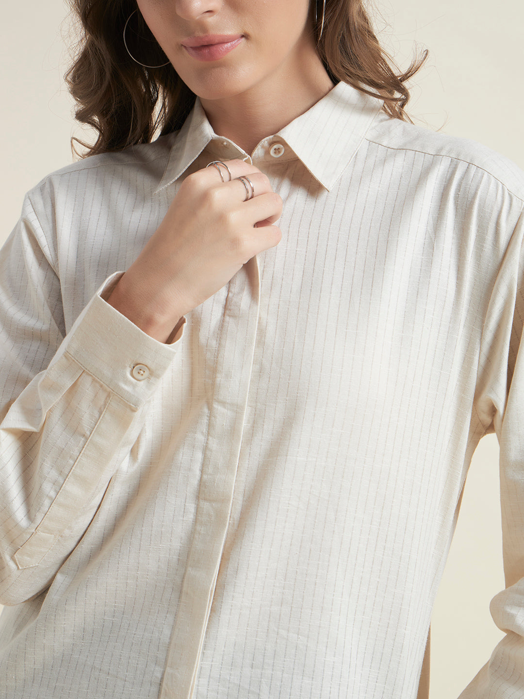 Beatnik Women Beige Oversized Dobby Striped Cuffed Sleeve Casual Shirt