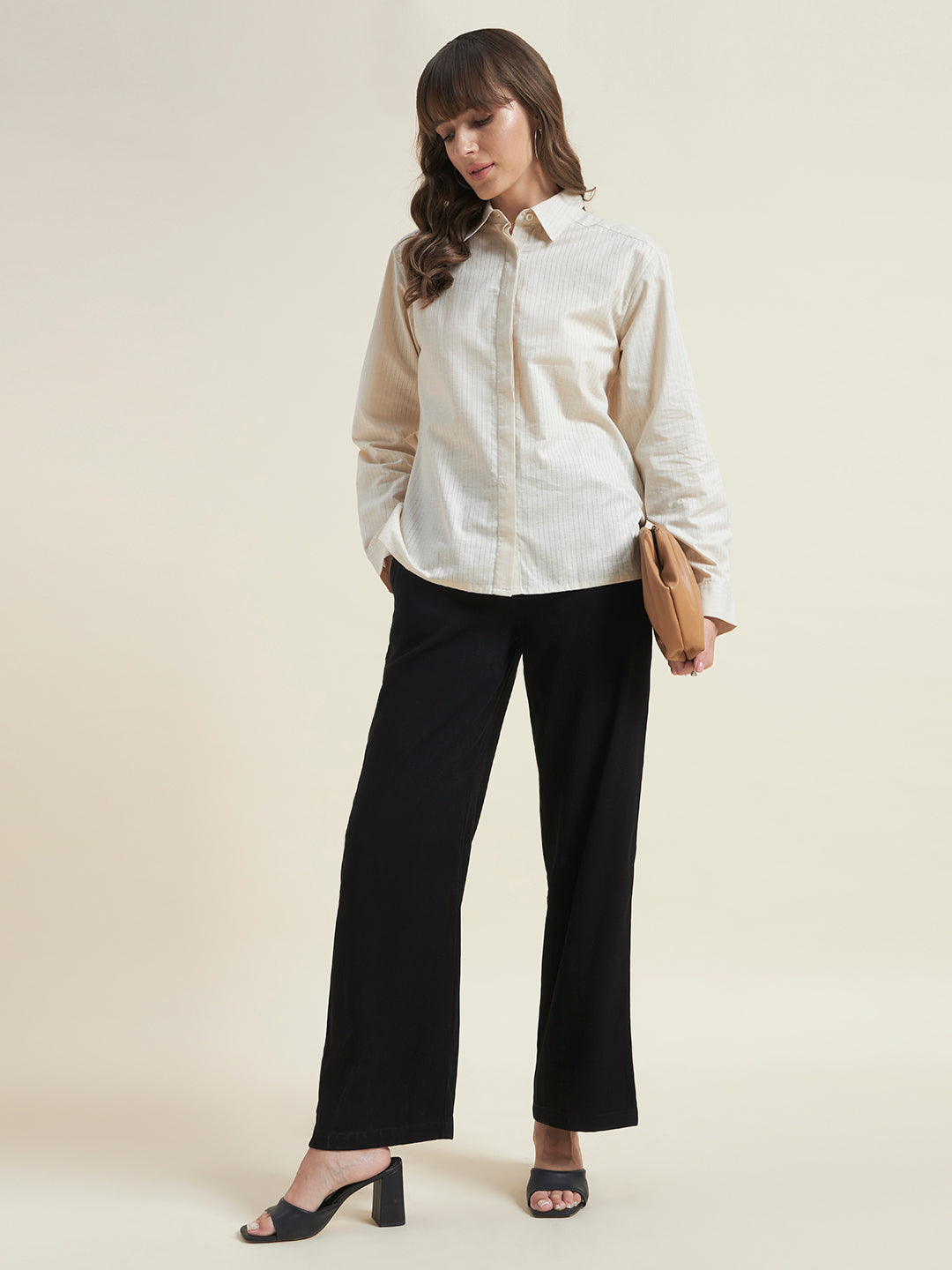 Beatnik Women Beige Oversized Dobby Striped Cuffed Sleeve Casual Shirt