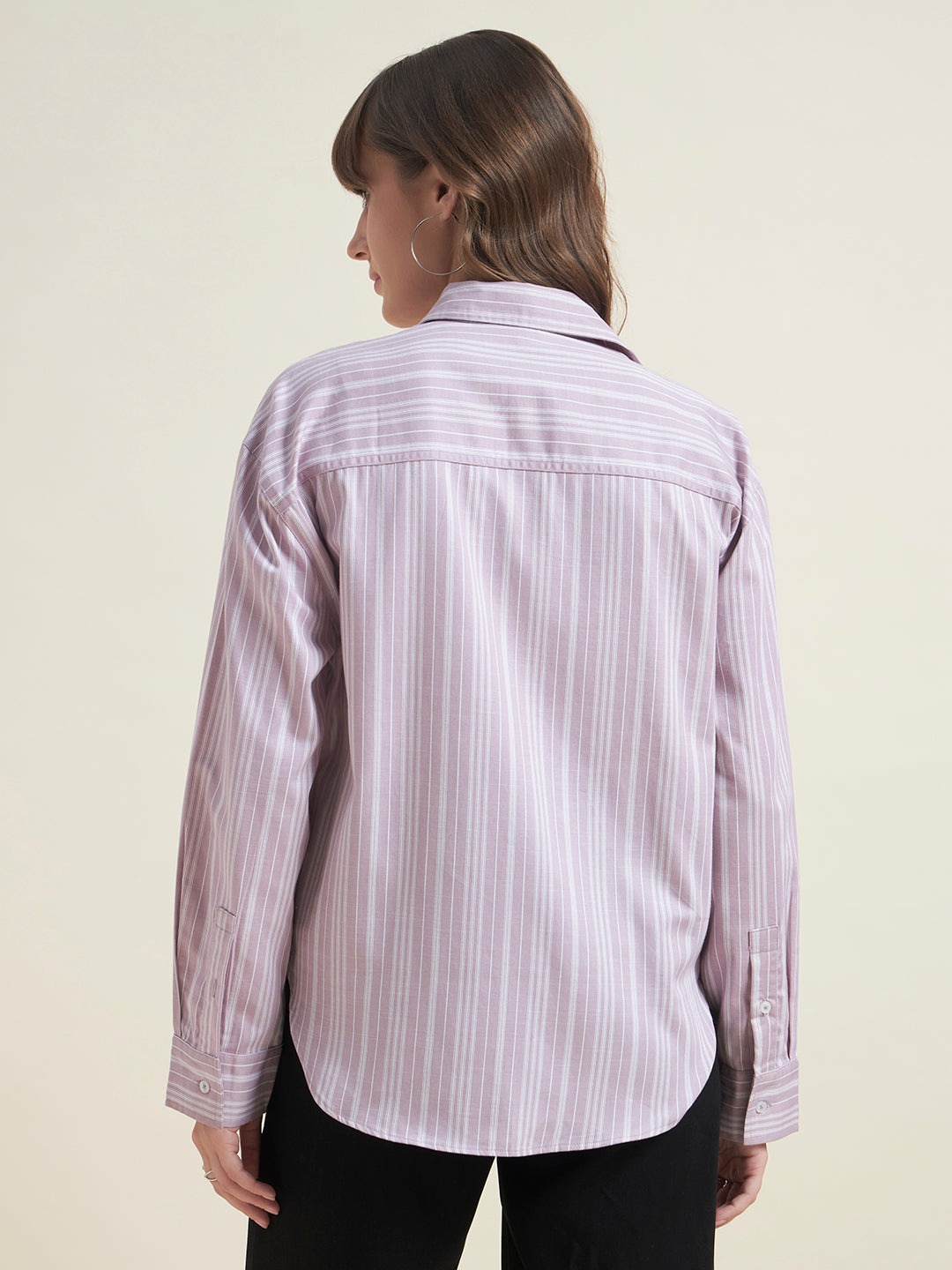 Beatnik Women Pink Oversized Poplin Striped Cuffed Sleeve Western Formal Shirt